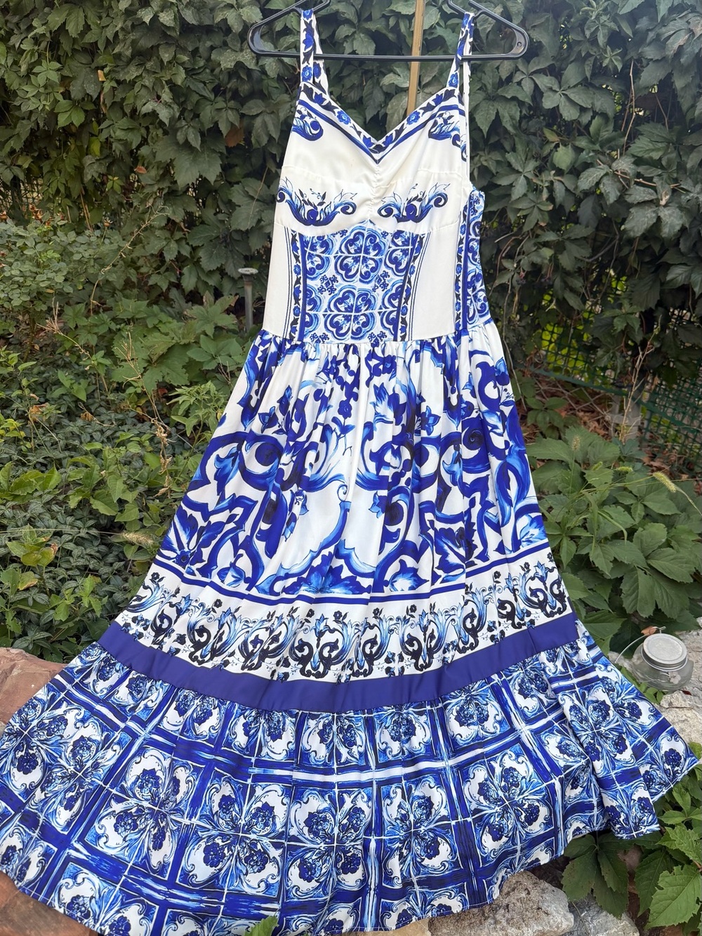 Blue & White Printed Maxi Dress with Spaghetti Straps by